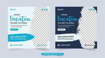 reizen agentschap sociaal media banier voor bedrijf Promotie. toeren bedrijf poster ontwerp voor advertentie. vakantie ontwerper organisatie brochure sjabloon. reizen korting aanbiedingen banier ontwerp. vector