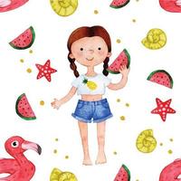 waterverf naadloos patroon. karakter meisje Aan de strand, schattig baby Aan de zee met watermeloen en speelgoed vector