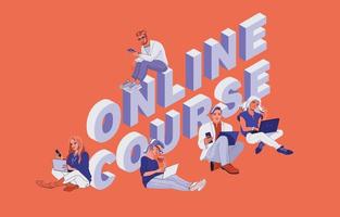 studenten studeren op hun apparaten. studeren op afstand. platte vectorillustratie. vector