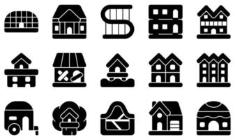 set van vector iconen gerelateerd aan type huizen. bevat iconen als eigenaar, herenhuis, modern huis, penthouse, shack, paalwoning en meer.