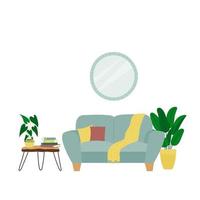 interieur ontwerp van leven kamer met bank, spiegel, tafel en kamerplanten. modieus samenstelling met huis decoraties vector