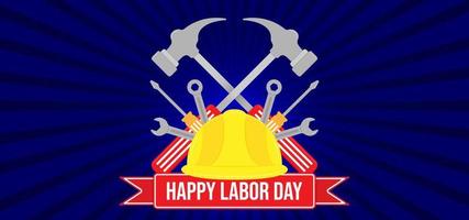gelukkig arbeid dag sjabloon achtergrond. blauw achtergrond met hamer symbool en rood lintje. vector illustratie