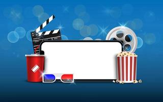 blanco smartphone met popcorn, film strip, Filmklapper Aan blauw achtergrond, online streaming film concept, vector iluustration