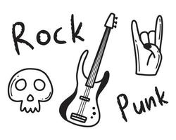 rots n rollen, punk- muziek- tekening set. graffiti, tatoeëren hand- getrokken sticker, tekst, schedel, hart, vleet, gebaar hand. grunge rots vector illustratie.