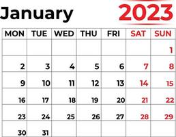 januari 2023 maandelijks kalender met heel schoon Look, week begint van maandag vector