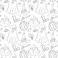 vector naadloos halloween patroon. tekening tekenfilm pictogrammen van geesten, heks accessoires, pompoen en spin in schets stijl.