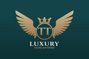luxe Koninklijk vleugel brief tt kam goud kleur logo vector, zege logo, kam logo, vleugel logo, vector logo sjabloon.