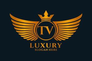 luxe Koninklijk vleugel brief TV kam goud kleur logo vector, zege logo, kam logo, vleugel logo, vector logo sjabloon.