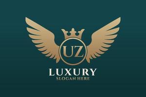 luxe Koninklijk vleugel brief uz kam goud kleur logo vector, zege logo, kam logo, vleugel logo, vector logo sjabloon.