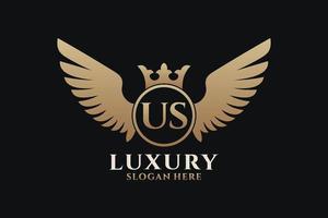 luxe Koninklijk vleugel brief ons kam goud kleur logo vector, zege logo, kam logo, vleugel logo, vector logo sjabloon.