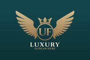 luxe Koninklijk vleugel brief uf kam goud kleur logo vector, zege logo, kam logo, vleugel logo, vector logo sjabloon.