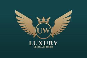 luxe Koninklijk vleugel brief u W kam goud kleur logo vector, zege logo, kam logo, vleugel logo, vector logo sjabloon.