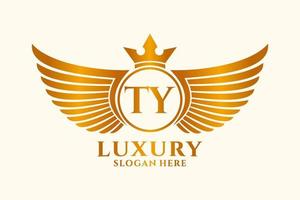 luxe Koninklijk vleugel brief ty kam goud kleur logo vector, zege logo, kam logo, vleugel logo, vector logo sjabloon.