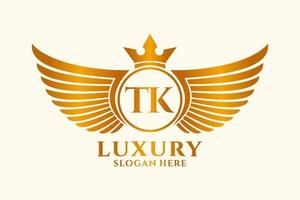 luxe Koninklijk vleugel brief tk kam goud kleur logo vector, zege logo, kam logo, vleugel logo, vector logo sjabloon.