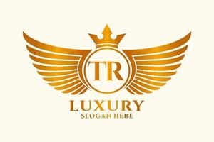 luxe Koninklijk vleugel brief tr kam goud kleur logo vector, zege logo, kam logo, vleugel logo, vector logo sjabloon.