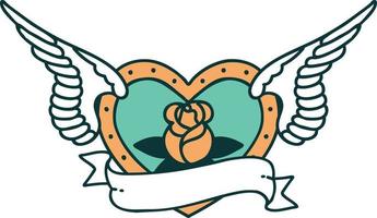 iconisch tatoeëren stijl beeld van een vliegend hart met bloemen en banier vector