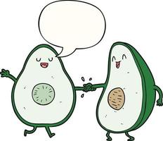 tekenfilm dansen avocado's en toespraak bubbel vector