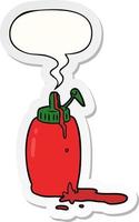 tekenfilm tomaat ketchup fles en toespraak bubbel sticker vector