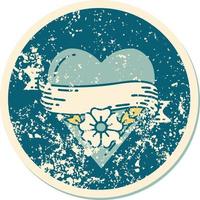 iconisch verontrust sticker tatoeëren stijl beeld van een hart bloem en banier vector