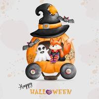 dieren in halloween kostuums voor halloween vakantie. vos heks en geest zittend Aan pompoen auto vector