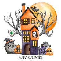 halloween achtervolgd huis met pompoen kinderen en vol maan. halloween element. halloween decoratie vector