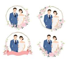 schattig jong bruiloft paar in blauw pak in kers bloesem krans vlak stijl verzameling eps10 vectoren illustratie