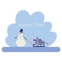 ansichtkaart winter tijd met sneeuwman, slee en Kerstmis boom. vector illustratie