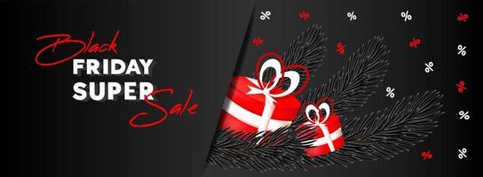 zwart vrijdag. uitverkoop banier, folder. tekst, Kerstmis boom takken en rood cadeaus dozen Aan zwart achtergrond. vector