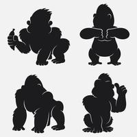 reeks van gorilla silhouetten tekenfilm met verschillend poses en uitdrukkingen vector