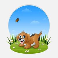 tekenfilm gelukkig hond Aan de gras vector