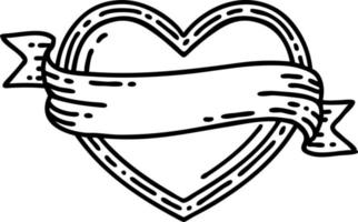 tatoeëren in zwart lijn stijl van een hart en banier vector