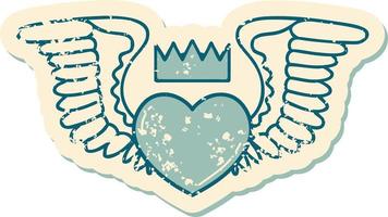 iconisch verontrust sticker tatoeëren stijl beeld van een hart met Vleugels vector