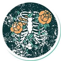 iconisch verontrust sticker tatoeëren stijl beeld van een rib kooi en bloemen vector
