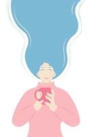 meisje met lang blauw haar- in een roze trui met een kop in haar handen, vlak vector, isoleren Aan wit, winter humeur vector