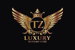 luxe Koninklijk vleugel brief tz kam goud kleur logo vector, zege logo, kam logo, vleugel logo, vector logo sjabloon.