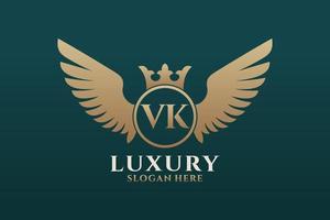 luxe Koninklijk vleugel brief vk kam goud kleur logo vector, zege logo, kam logo, vleugel logo, vector logo sjabloon.