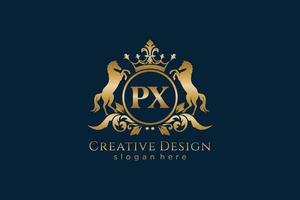 eerste px retro gouden kam met cirkel en twee paarden, insigne sjabloon met scrollt en Koninklijk kroon - perfect voor luxueus branding projecten vector