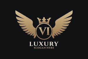 luxe Koninklijk vleugel brief vi kam goud kleur logo vector, zege logo, kam logo, vleugel logo, vector logo sjabloon.