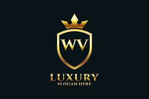 eerste wv elegant luxe monogram logo of insigne sjabloon met scrollt en Koninklijk kroon - perfect voor luxueus branding projecten vector