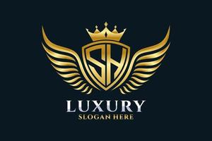 luxe Koninklijk vleugel brief sh kam goud kleur logo vector, zege logo, kam logo, vleugel logo, vector logo sjabloon.