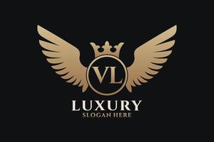 luxe Koninklijk vleugel brief vl kam goud kleur logo vector, zege logo, kam logo, vleugel logo, vector logo sjabloon.