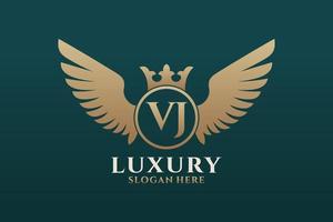 luxe Koninklijk vleugel brief vj kam goud kleur logo vector, zege logo, kam logo, vleugel logo, vector logo sjabloon.