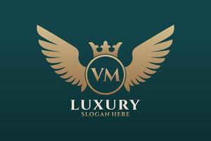 luxe Koninklijk vleugel brief vm kam goud kleur logo vector, zege logo, kam logo, vleugel logo, vector logo sjabloon.