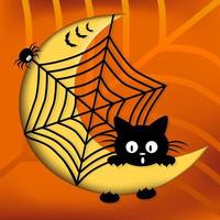 gelukkig halloween ansichtkaart. schattig zwart katje bang van een spin. tekenfilm stijl en papier besnoeiing stijl. vector