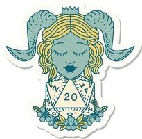 sticker van een tiefling met natuurlijk twintig d20 Dobbelsteen rollen vector