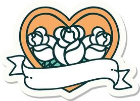 sticker van tatoeëren in traditioneel stijl van een hart en banier met bloemen vector