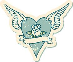 iconisch verontrust sticker tatoeëren stijl beeld van een vliegend hart met bloemen en banier vector