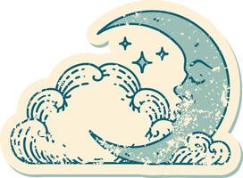 iconisch verontrust sticker tatoeëren stijl beeld van een halve maan maan en wolken vector