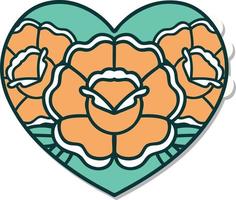 sticker van tatoeëren in traditioneel stijl van een hart en bloemen vector