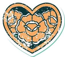 iconisch verontrust sticker tatoeëren stijl beeld van een hart en bloemen vector